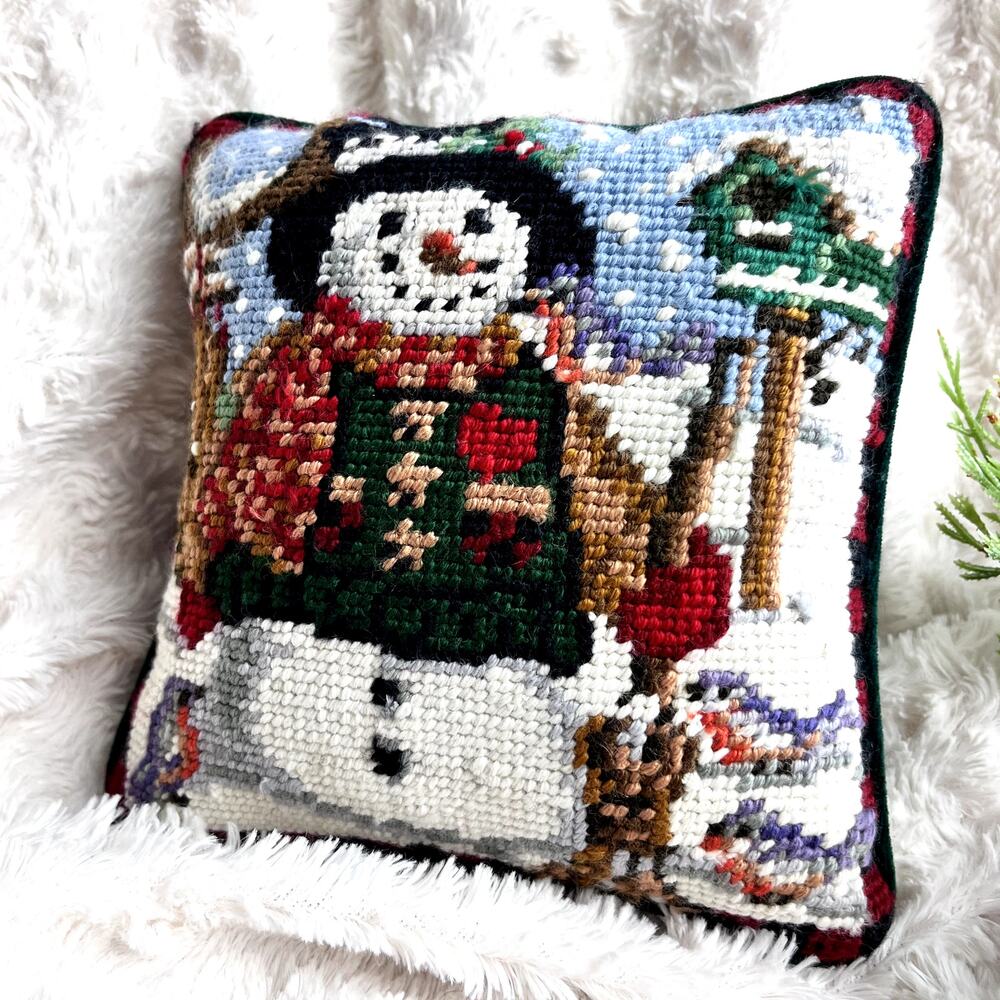 VTG Needlepoint Velvet Pillow Snowman Birds Holiday Christmas Winter Pillow 7"